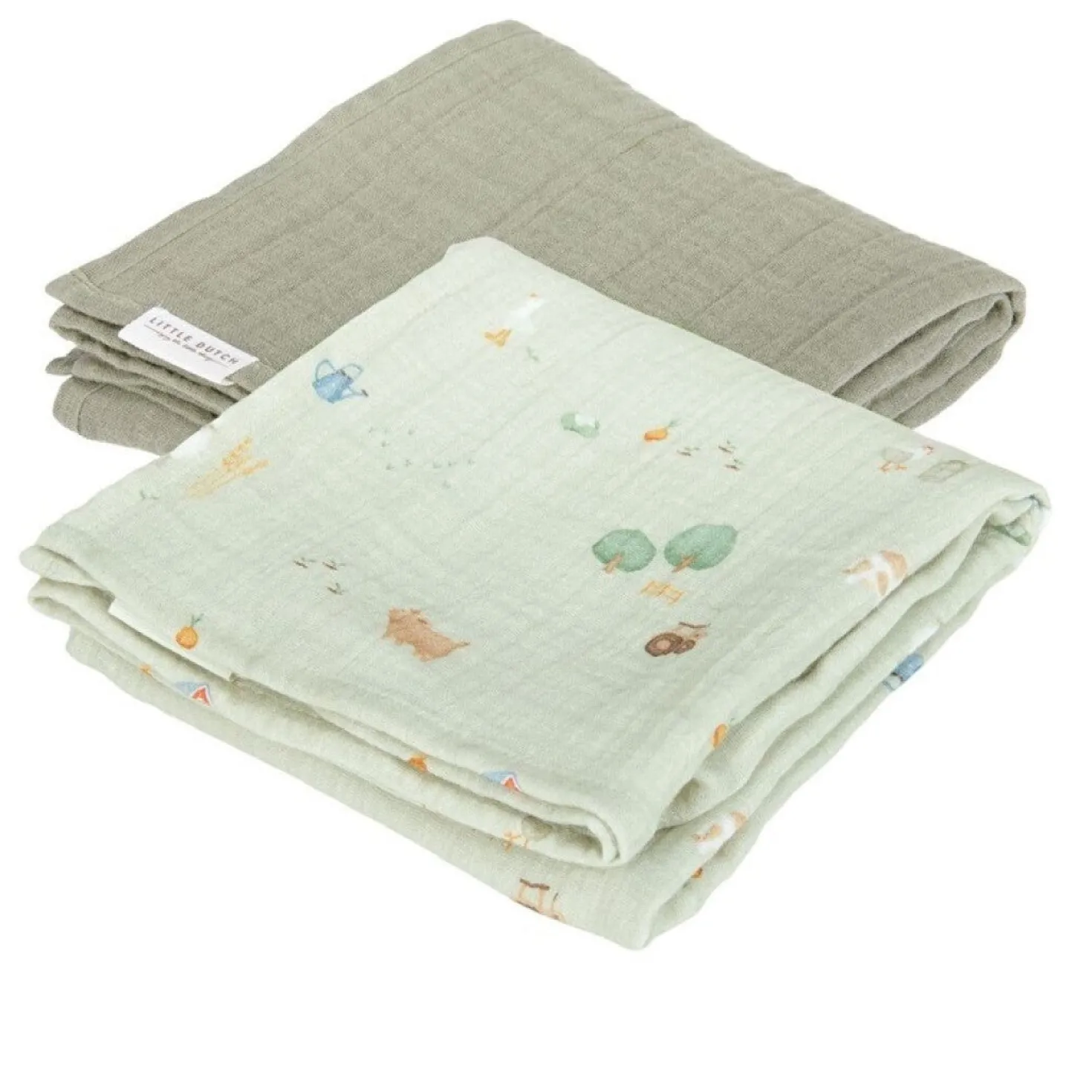 Muselina Algodón Orgánico Little Farm/oliva 70x70 · Little Dutch
